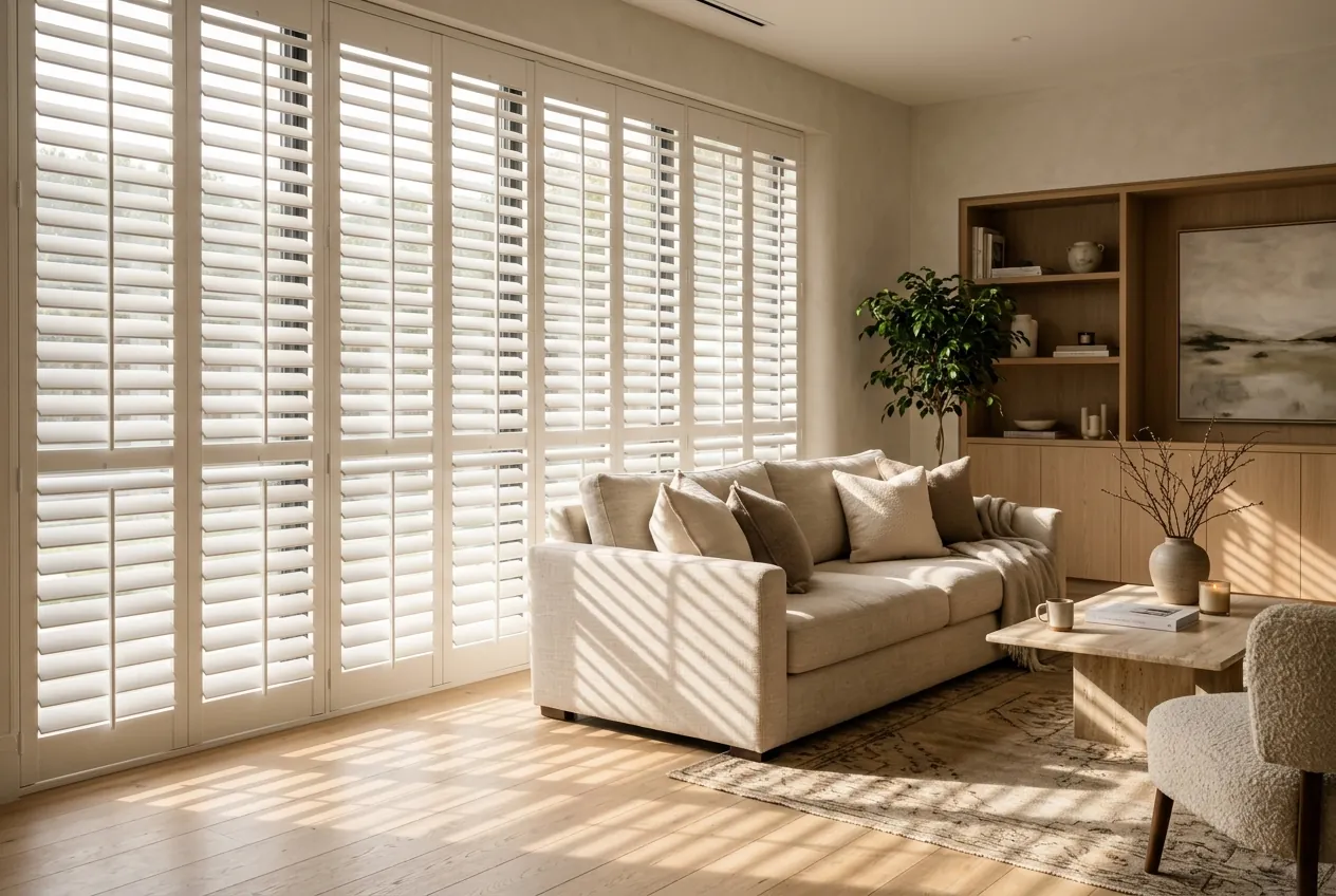 Luxury living room with full-height plantation shutters
